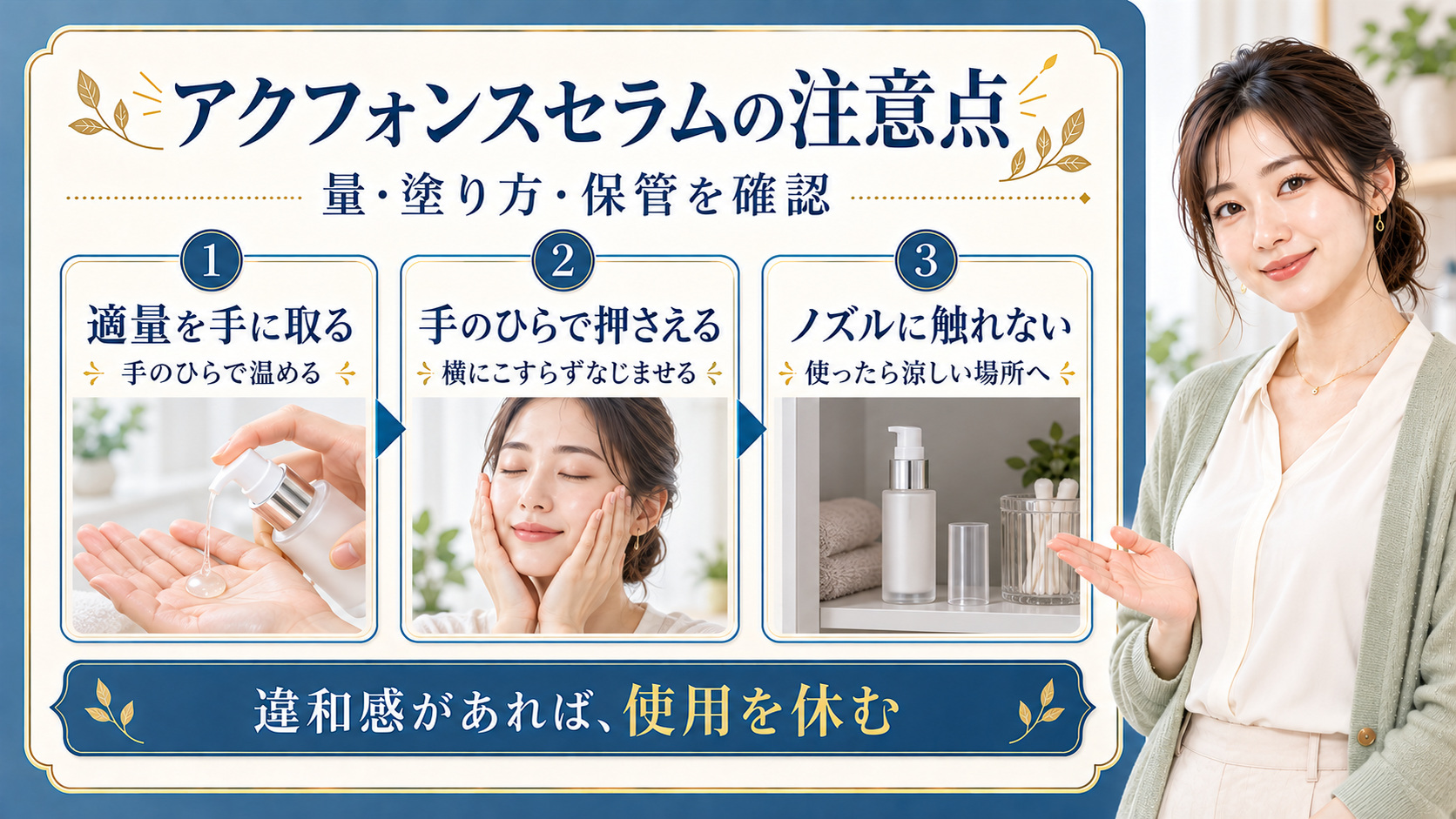 アクフォンスセラムの適量、手のひらでの塗り方、ノズルと保管の注意を示す美容ボード。違和感時は使用を休む案内。