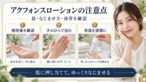 アクフォンスローションの使用量、手のひらでのなじませ方、容器の扱いを3段階で案内するアイキャッチ