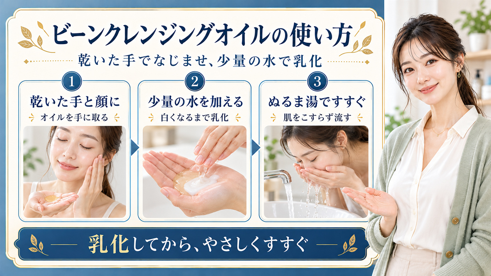 乾いた手でオイルをなじませて乳化し、ぬるま湯ですすぐ手順
