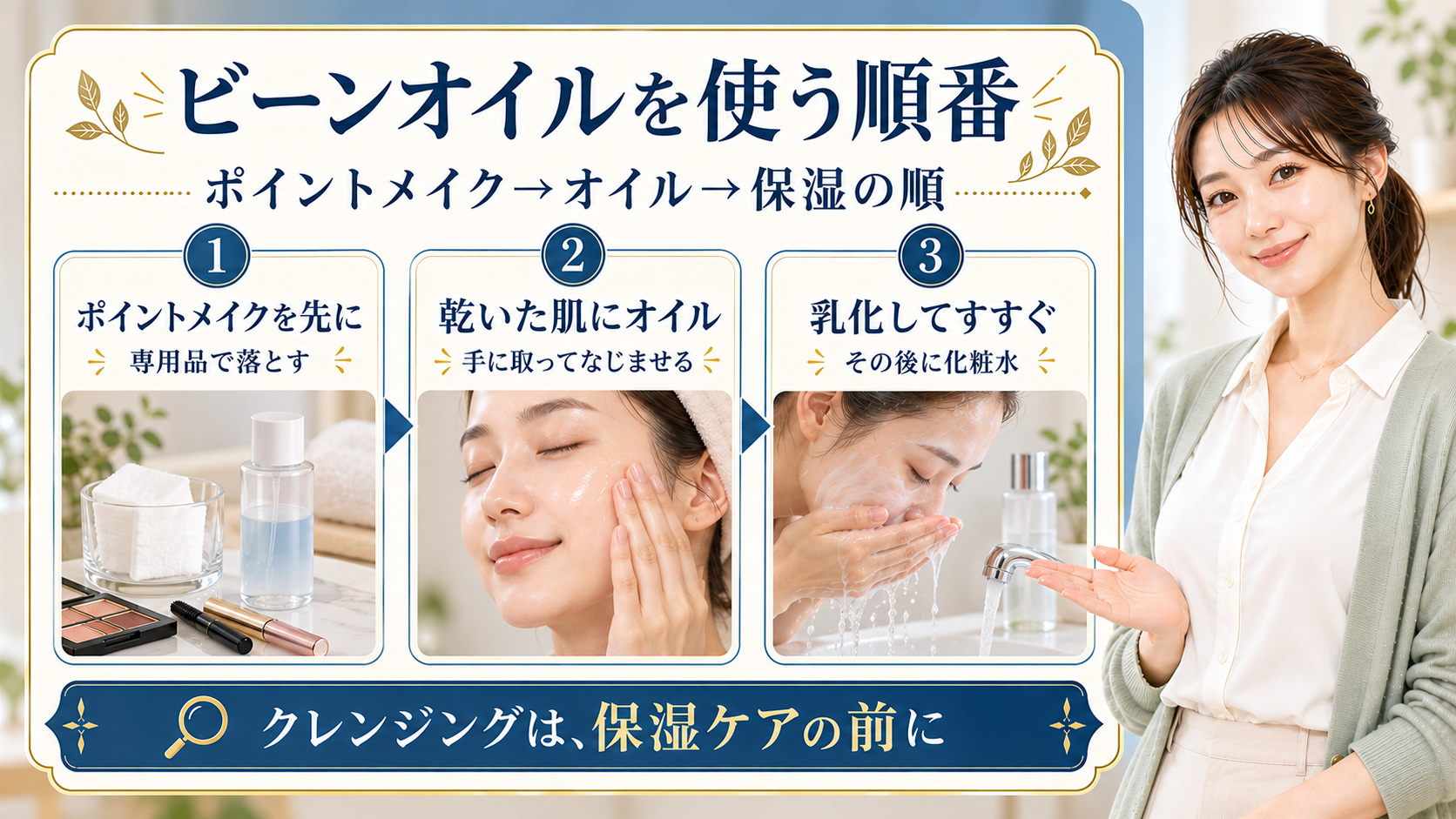 ポイントメイクを先に落とし、クレンジングオイルを乳化してすすいだ後に保湿する順番
