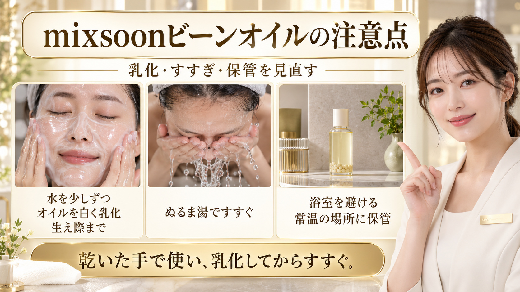 mixsoonビーンオイルの乳化、すすぎ、保管方法を示す美容解説ボード