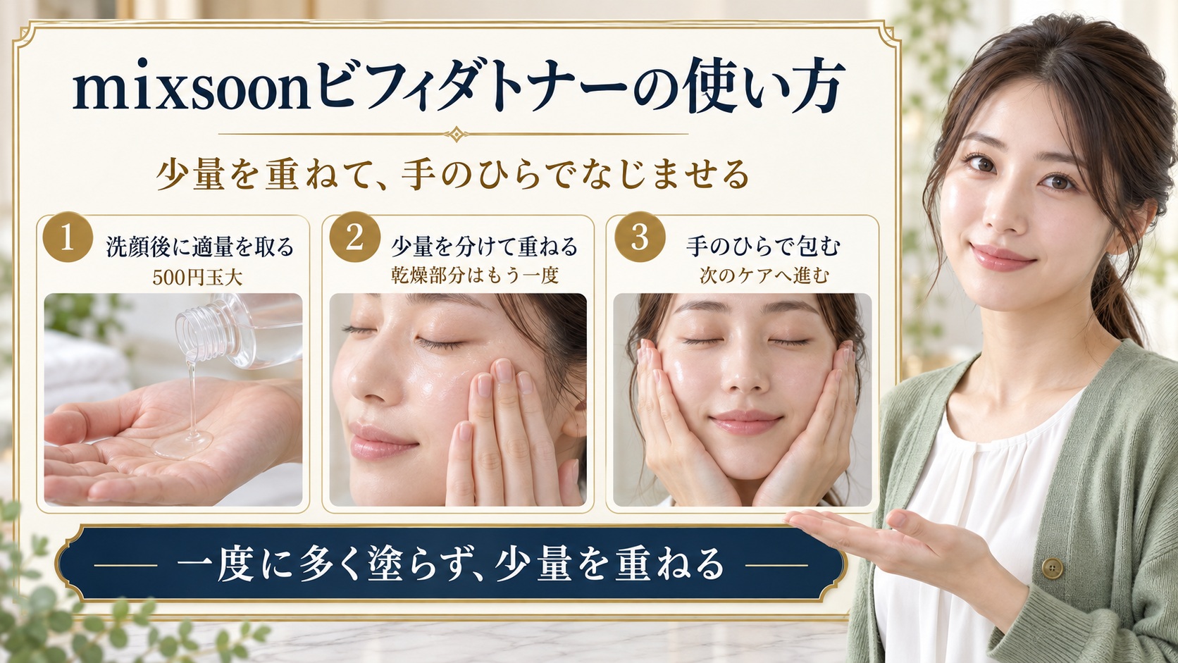 洗顔後に適量を分けて重ね、手のひらでなじませるビフィダトナーの使い方