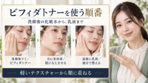 洗顔後にビフィダトナー、美容液、乳液を順に重ねる使い方