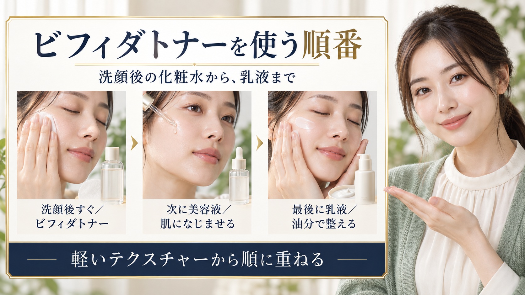 洗顔後にビフィダトナー、美容液、乳液を順に重ねる使い方