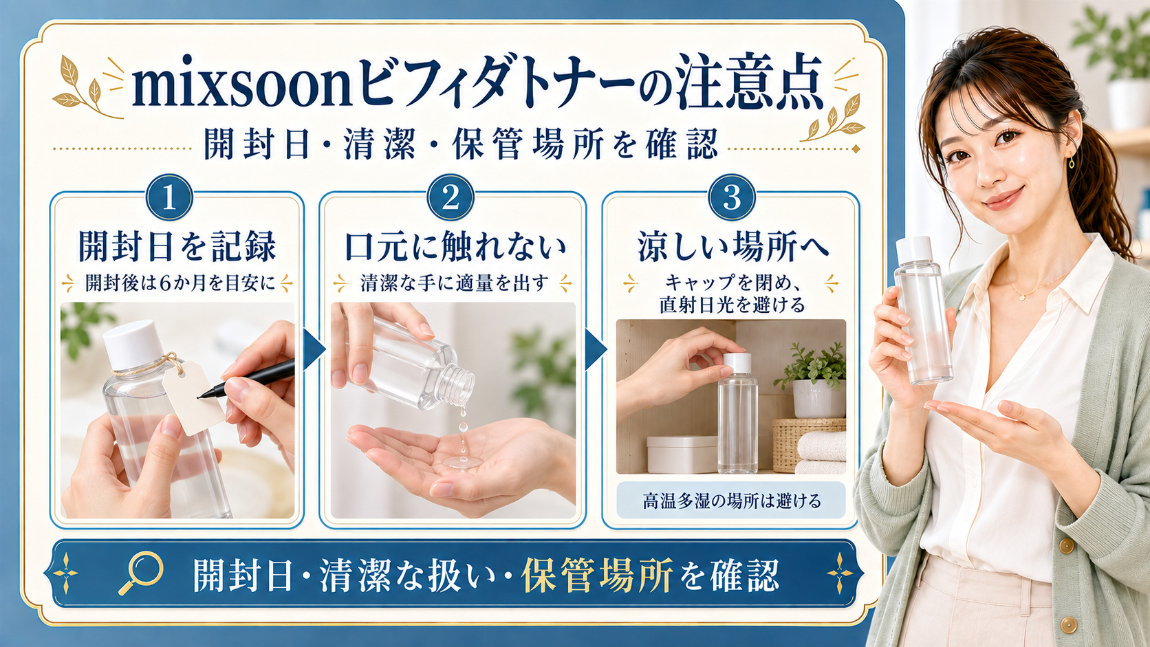開封日を記録し、清潔に取り扱い、直射日光や高温多湿を避けて保管する化粧水の注意点