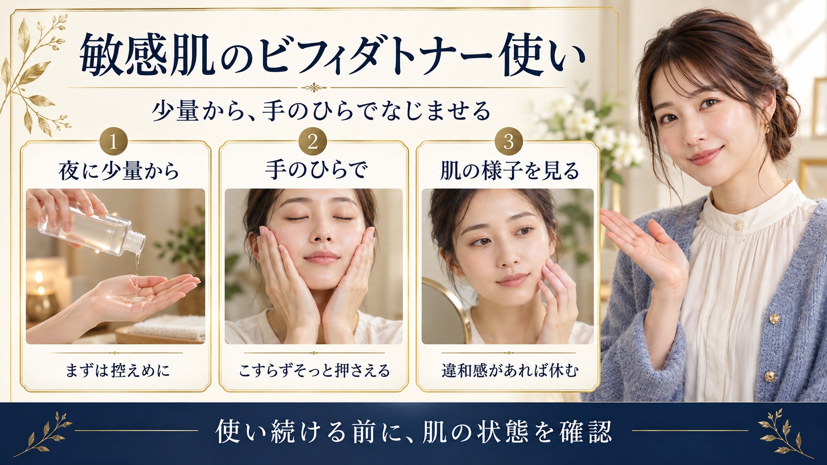 少量から使い、手のひらで押さえ、肌の様子を見ながら使うビフィダトナーの案内