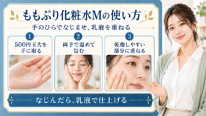 500円玉大を手に取り、両手で温めてなじませ、乾燥しやすい部分に重ねた後に乳液で仕上げる