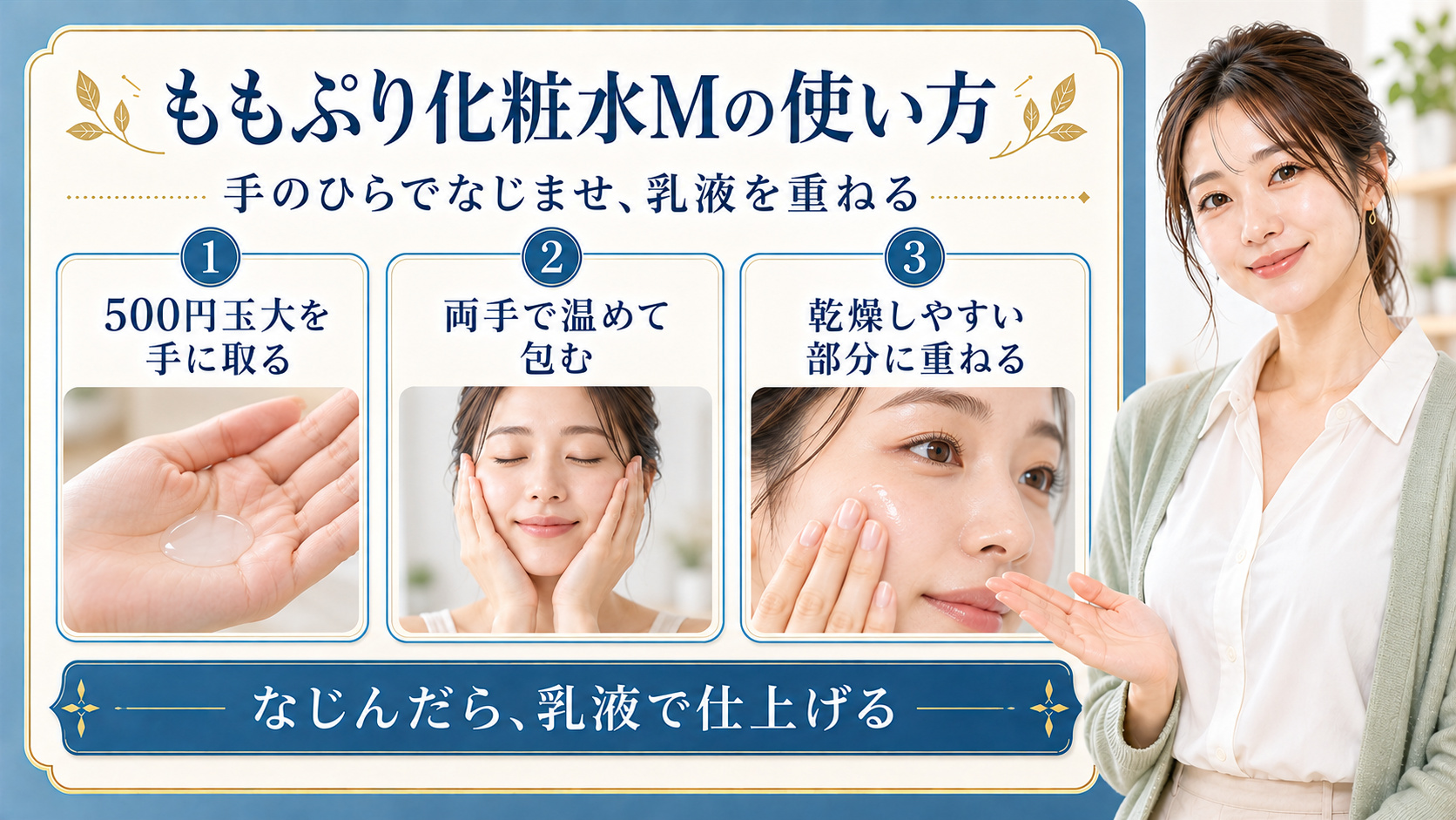 500円玉大を手に取り、両手で温めてなじませ、乾燥しやすい部分に重ねた後に乳液で仕上げる