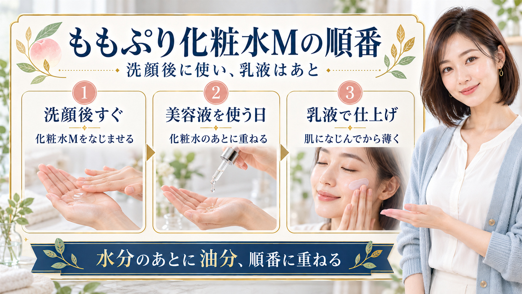 洗顔後に化粧水Mをなじませ、美容液を使う日はその後、最後に乳液を重ねる順番