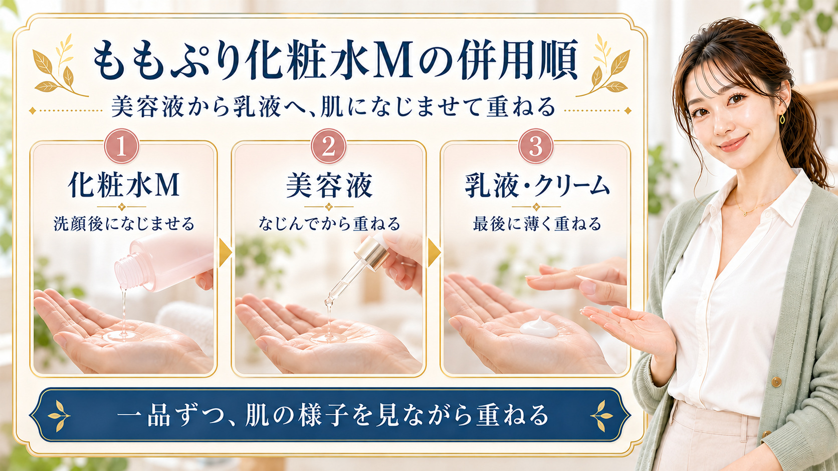 ももぷり化粧水M、美容液、乳液・クリームを重ねる順番を3つのカードで示す美容解説ボード
