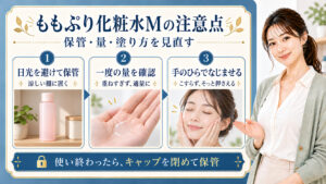 ももぷり化粧水Mの保管、適量、手のひらでの塗り方を示す美容ボード。右側に美容アドバイザー。