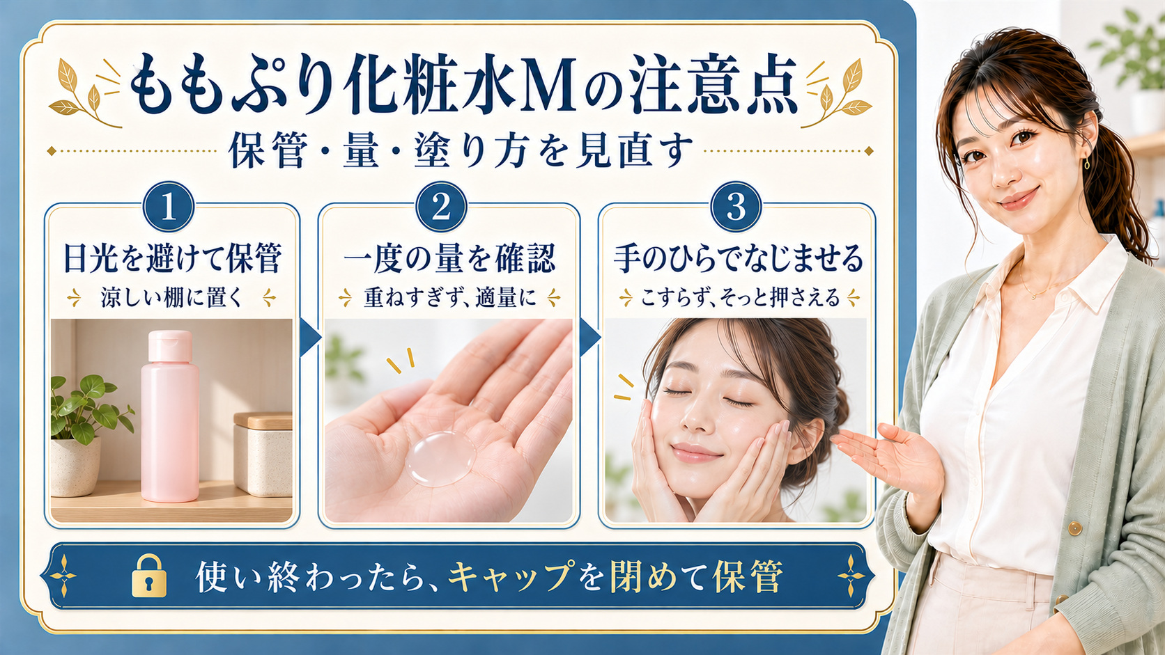 ももぷり化粧水Mの保管、適量、手のひらでの塗り方を示す美容ボード。右側に美容アドバイザー。