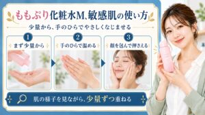 ももぷり化粧水Mを手のひらで温め、顔を包むようになじませる3ステップの美容解説ボード