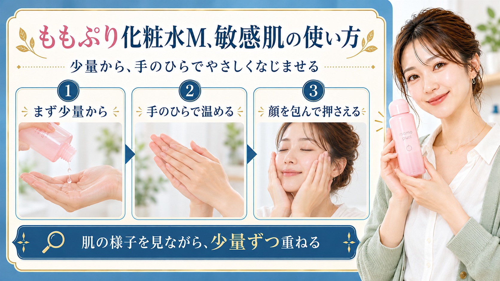ももぷり化粧水Mを手のひらで温め、顔を包むようになじませる3ステップの美容解説ボード