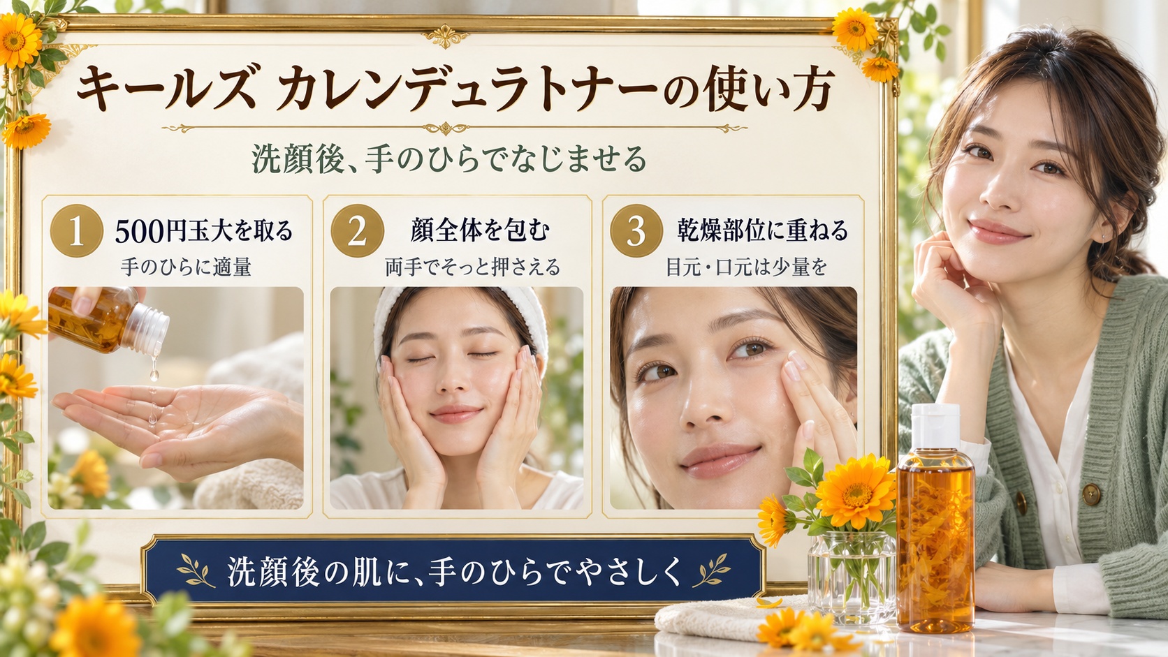 キールズ カレンデュラトナーを手のひらに取り、顔全体へやさしくなじませる手順を示した美容ボード