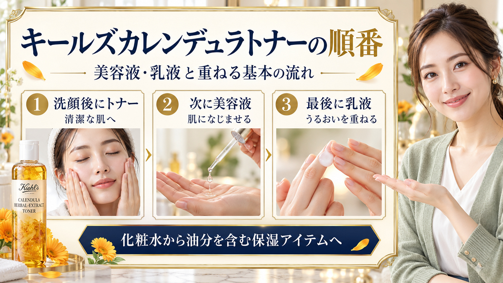 キールズカレンデュラトナーを洗顔後に使い、美容液、乳液の順に重ねる手順を3段階の写真付きボードで示す美容アドバイザー