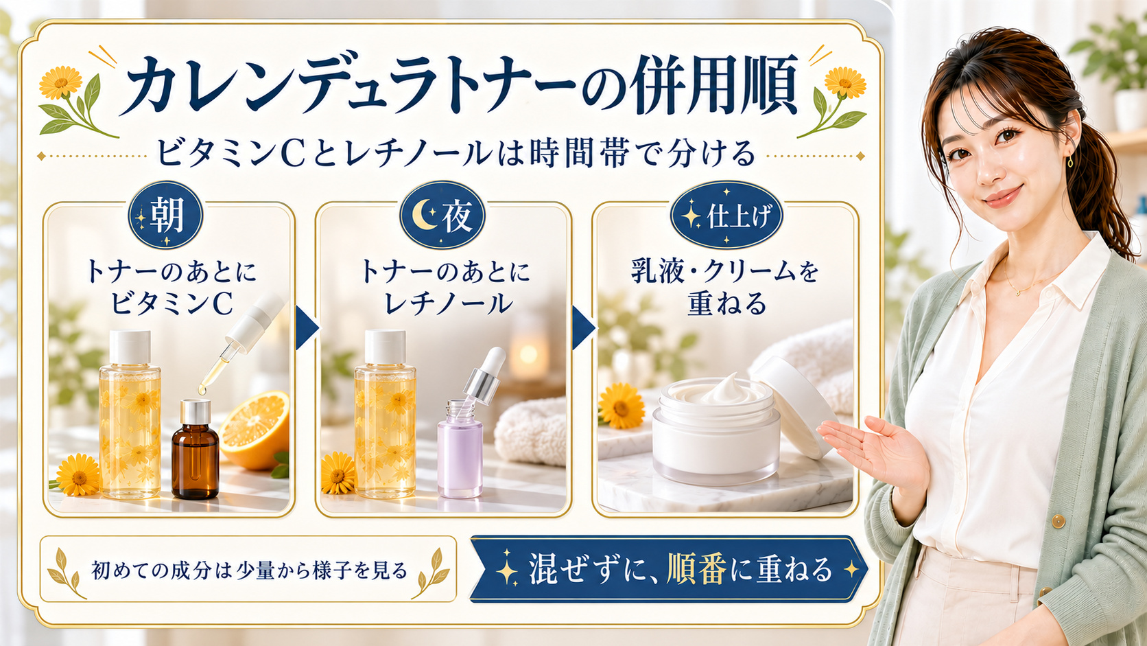 カレンデュラトナーの後にビタミンCを朝、レチノールを夜に使い、乳液やクリームを重ねる順番を示す美容ボード