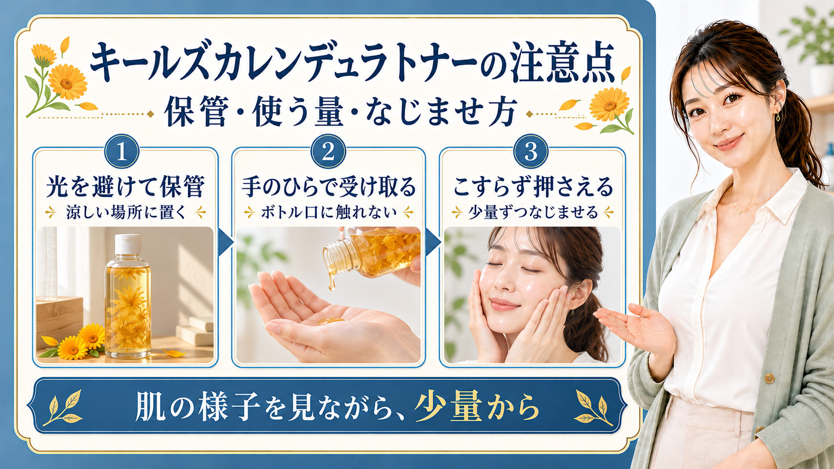 カレンデュラトナーの保管、手のひらで受け取る使い方、少量を押さえる塗り方を示す美容解説ボード