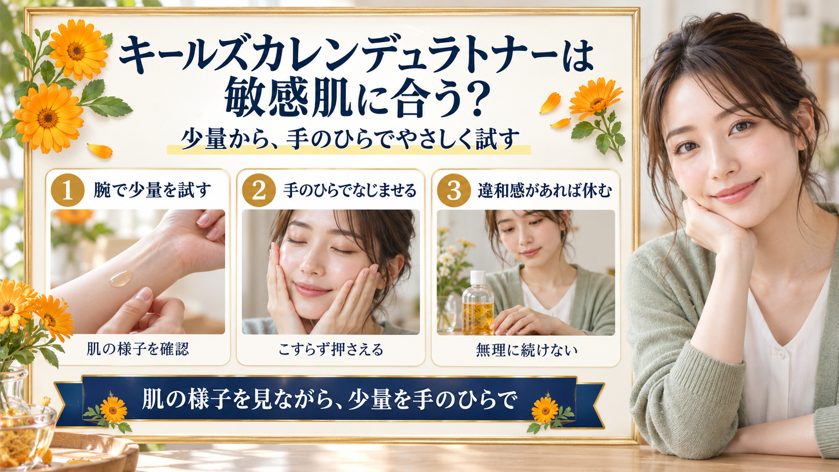 キールズカレンデュラトナーを少量から試し、手のひらでやさしくなじませる敏感肌向けの使い方を示す美容解説ボード