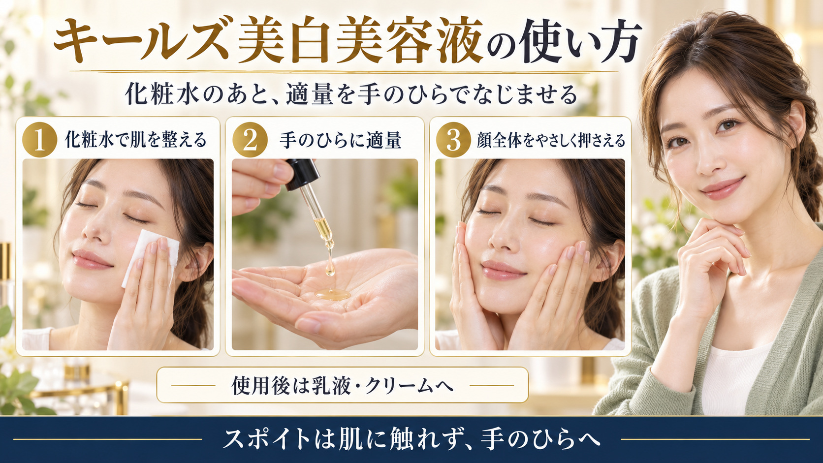 キールズ美白美容液の塗り方を、化粧水の後・適量・手のひらで押さえる3段階で紹介する美容ボード