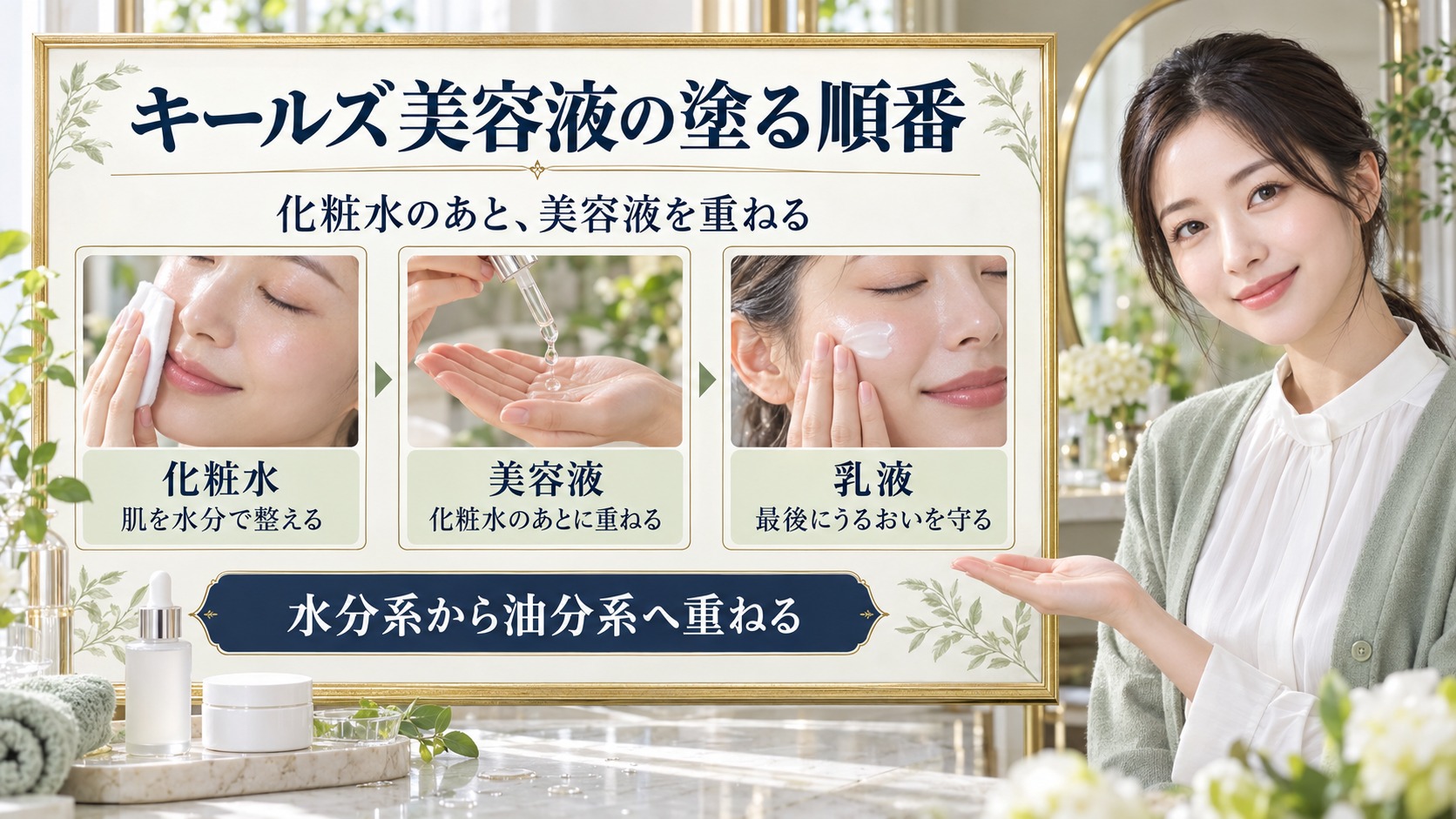 化粧水、美容液、乳液の順を示すキールズ美容液の塗り方解説ボード